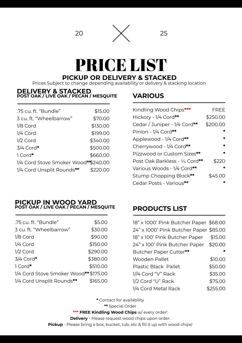 Delivery and Wood Yard Pickup Price List